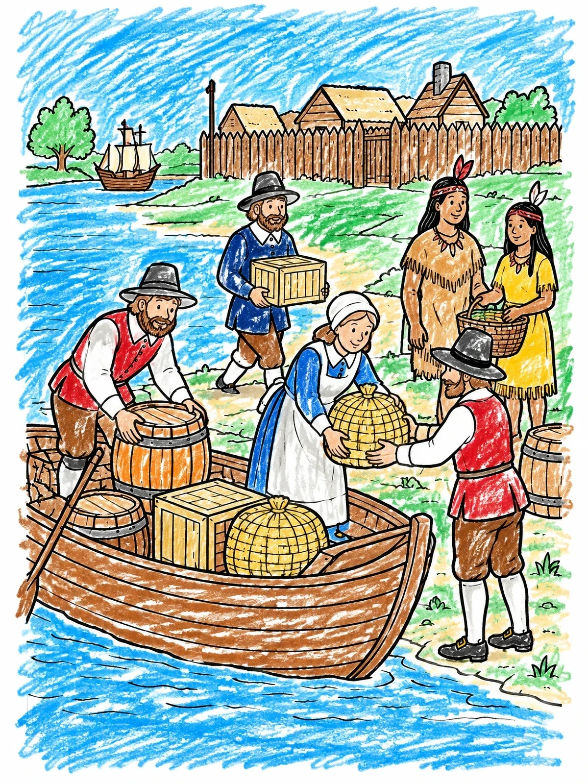 Colored example of the Settlers Unloading Boat At Jamestown coloring page