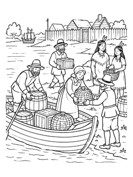 Free printable Settlers Unloading Boat At Jamestown coloring page