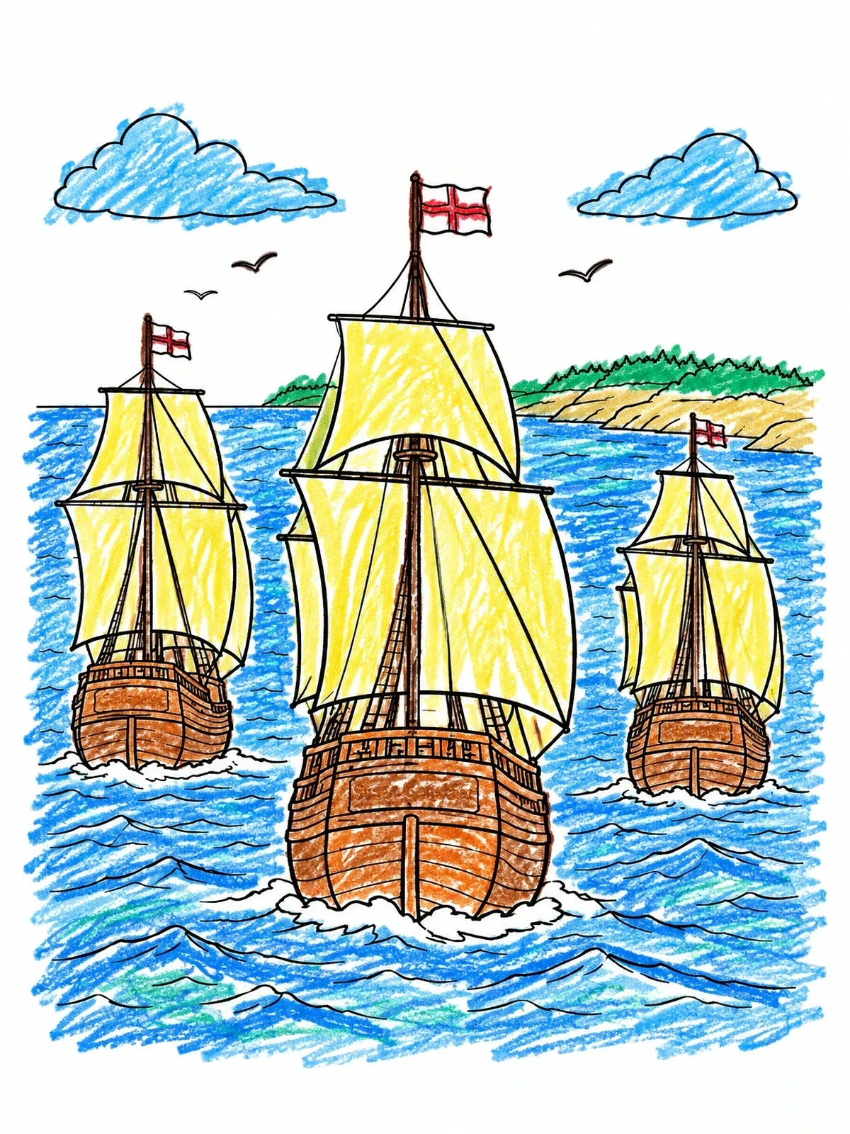 Colored example of the Three Jamestown Ships Sailing To Shore coloring page