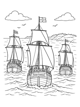 Free printable Three Jamestown Ships Sailing To Shore coloring page