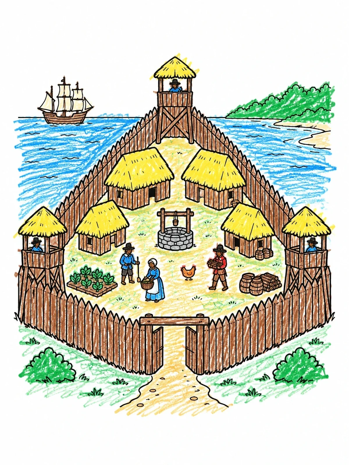 Colored example of the Historic Jamestown Triangular Fort coloring page