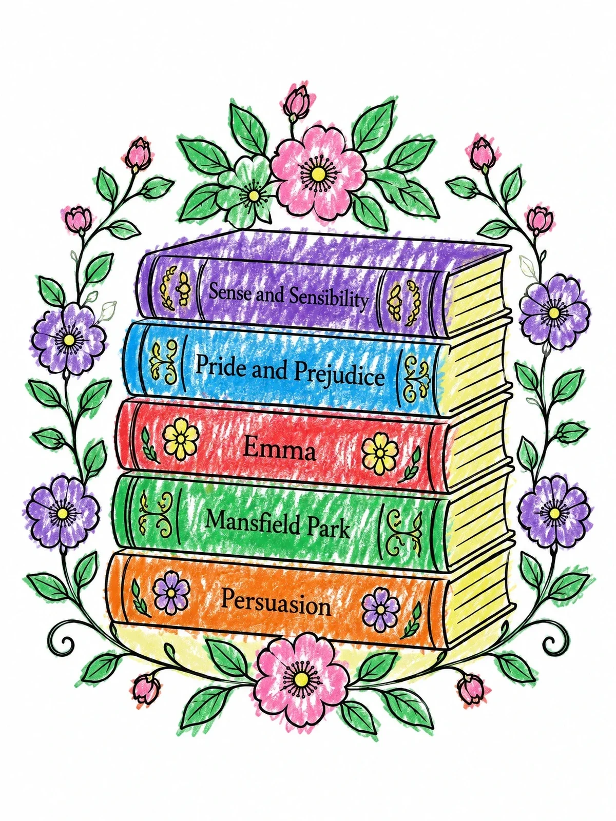 Colored example of the Jane Austen Book Stack With Flowers coloring page
