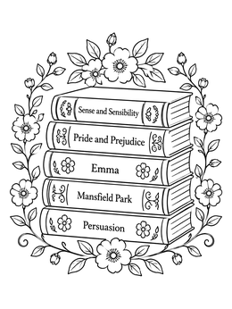 Free printable Jane Austen Book Stack With Flowers coloring page