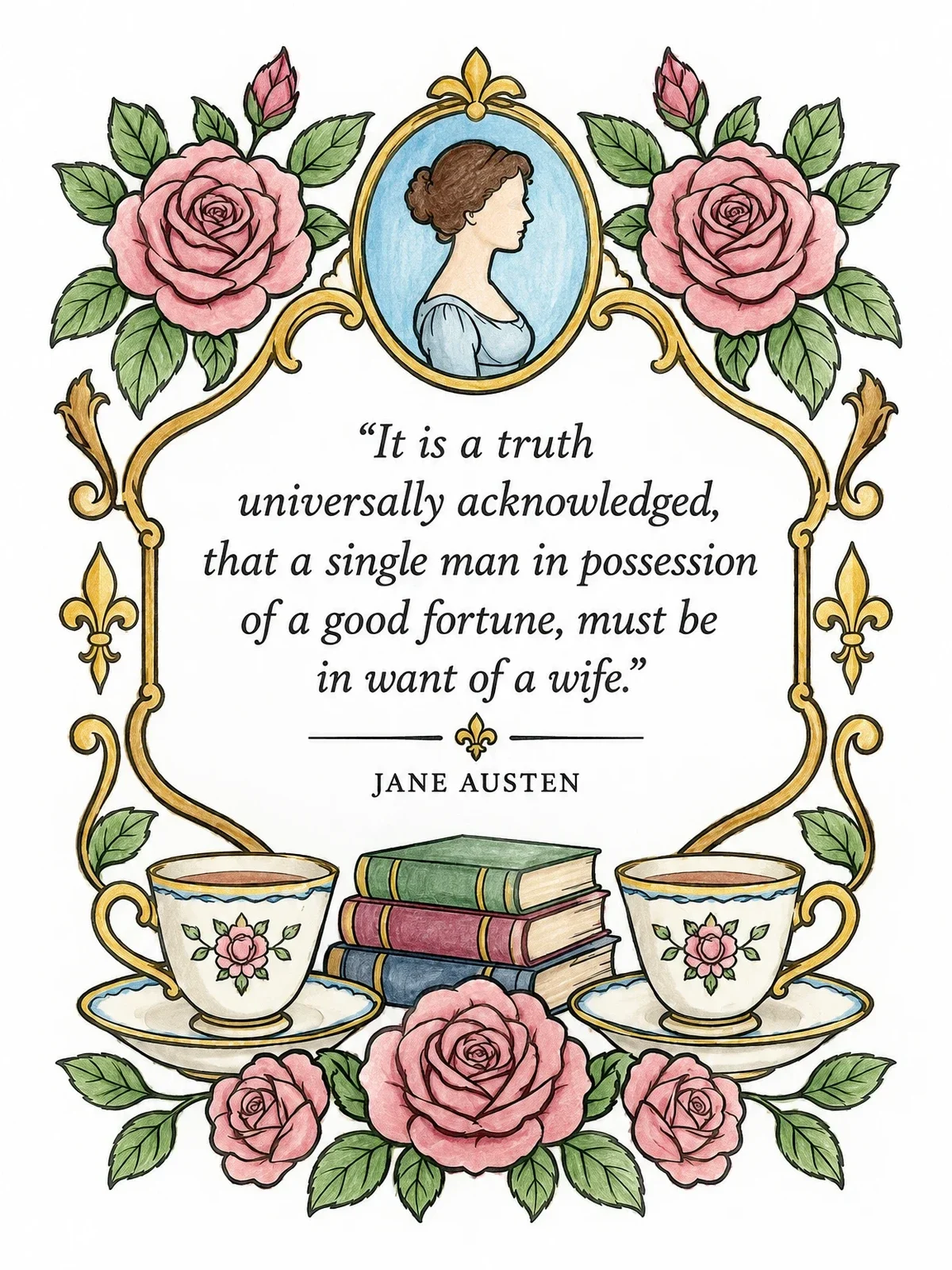 Colored example of the Jane Austen Quote With Roses And Teacups coloring page