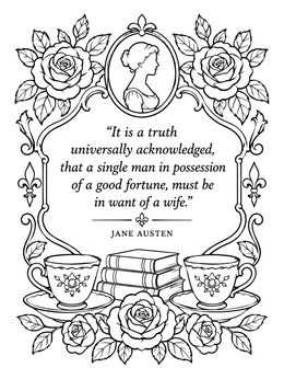 Free printable Jane Austen Quote With Roses And Teacups coloring page