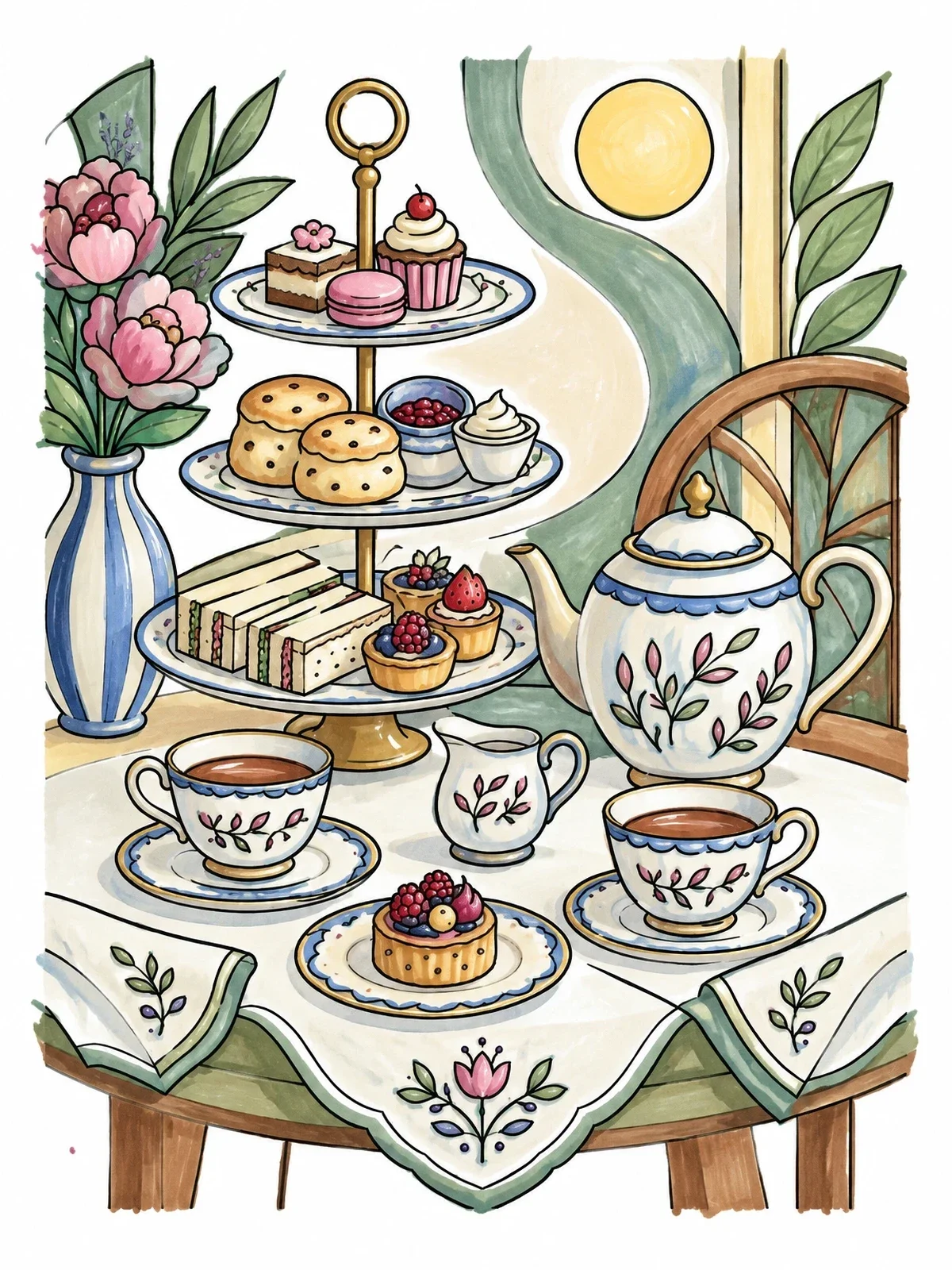 Colored example of the Regency Afternoon Tea Table coloring page