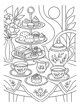 An afternoon tea set on this Jane Austen coloring page.