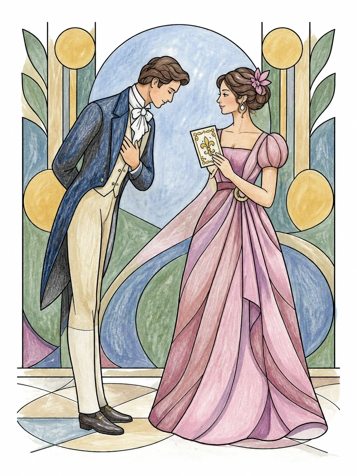 Colored example of the Regency Gentleman Bowing To Lady coloring page