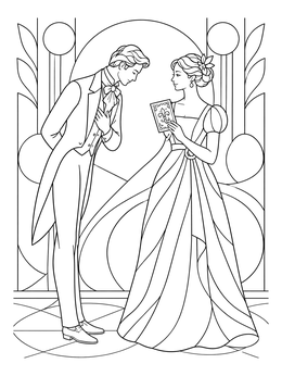 Regency ballroom scene in this jane austen coloring page with a bowing gentleman and lady.