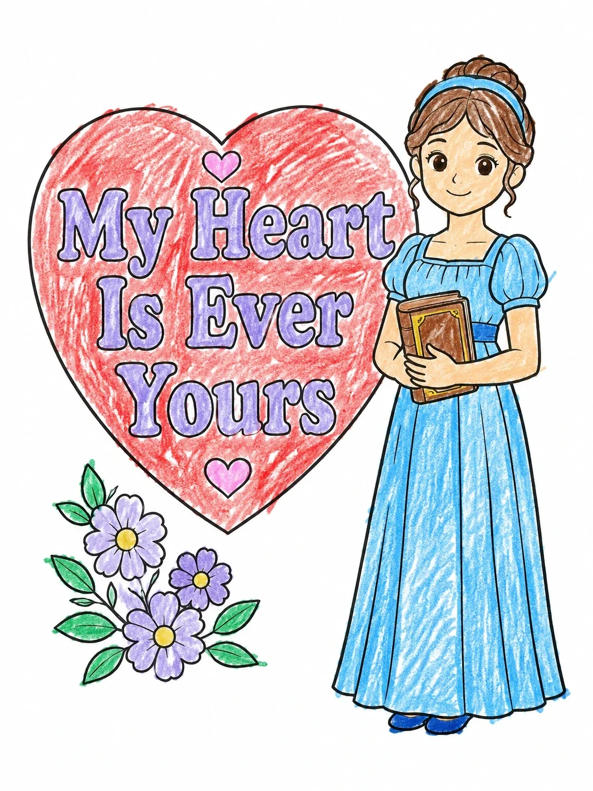 Colored example of the Jane Austen Regency Lady With Book coloring page