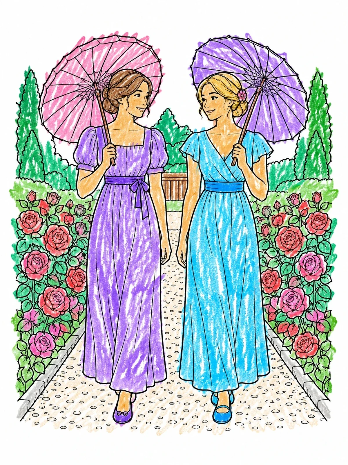 Colored example of the Regency Ladies In A Rose Garden coloring page