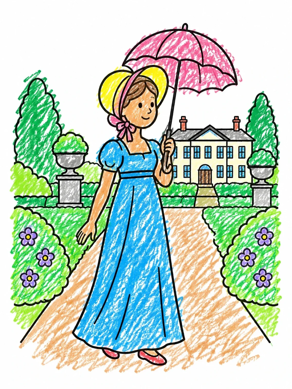 Colored example of the Regency Lady Walking In Garden coloring page