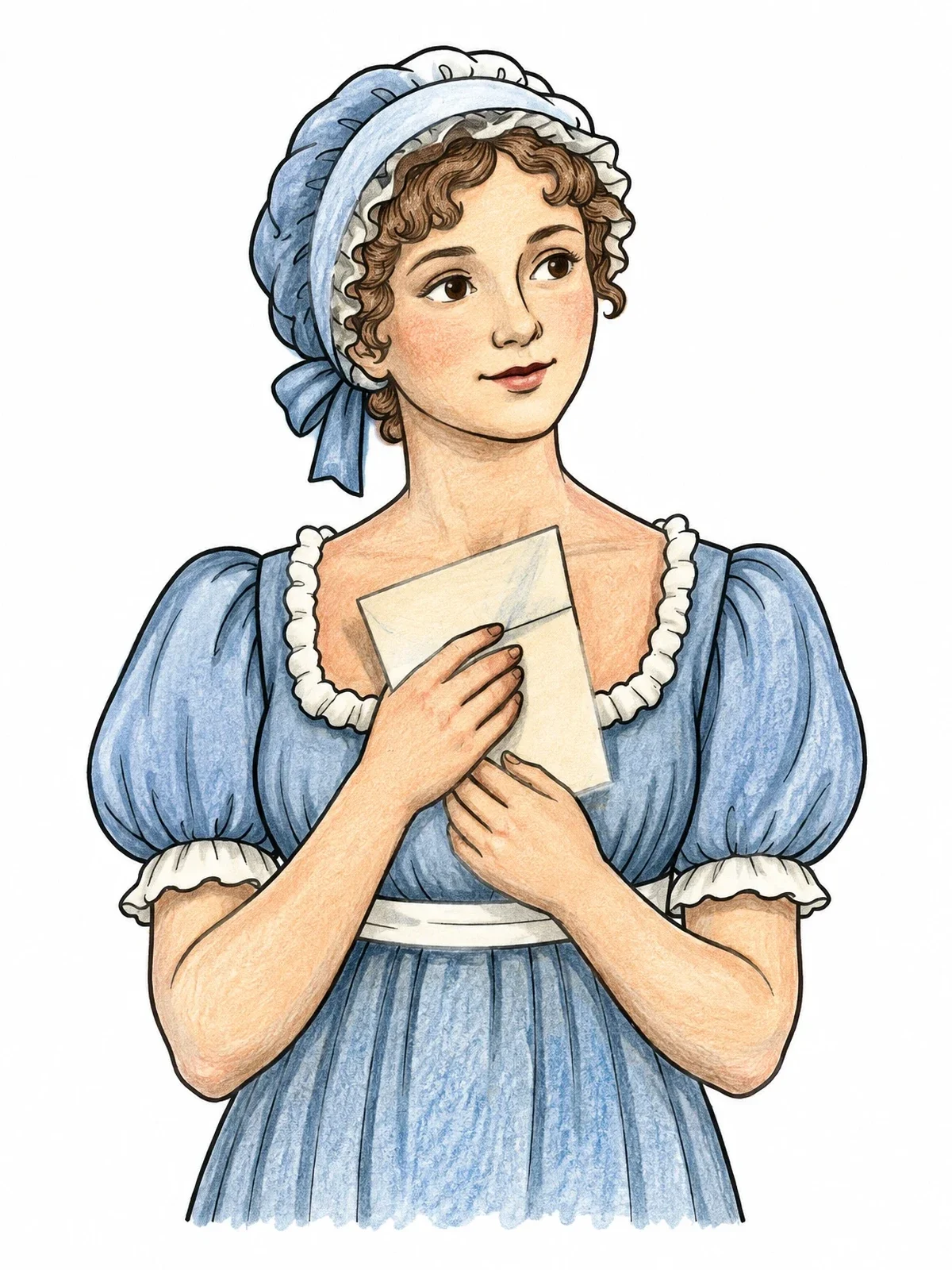 Colored example of the Regency Lady Holding A Letter coloring page