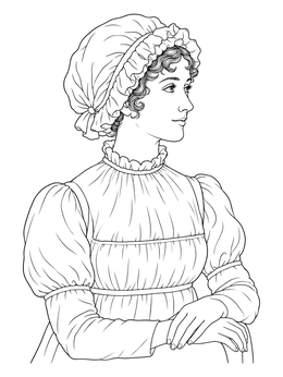 A profile portrait on this jane austen coloring page shows a woman in a classic Regency bonnet.