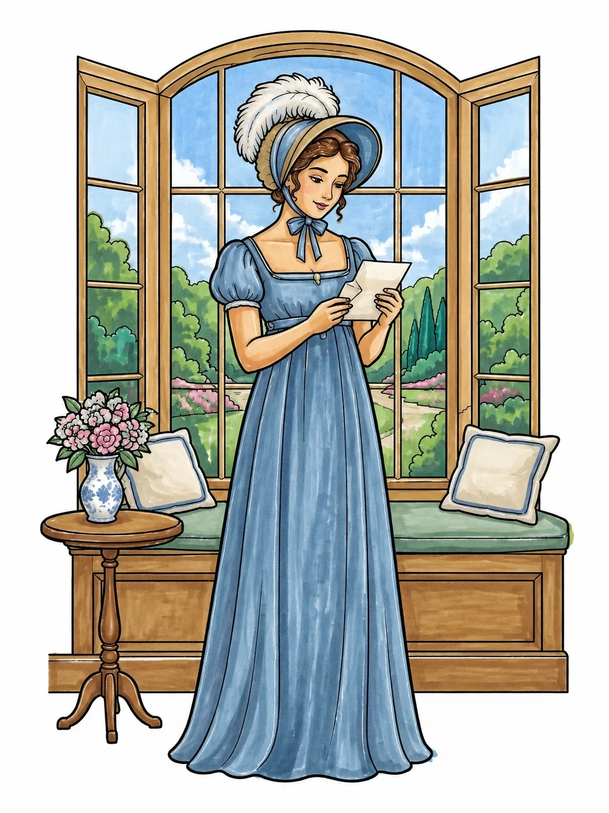 Colored example of the Regency Lady Reading By The Window coloring page