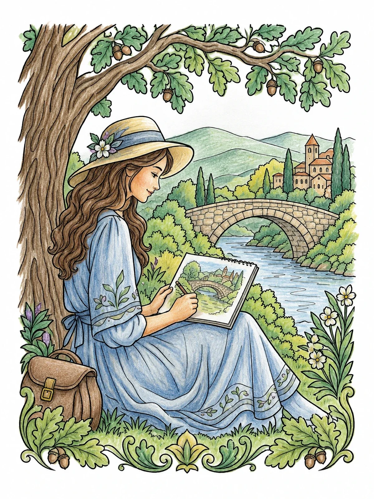 Colored example of the Young Regency Lady Sketching Outdoors coloring page