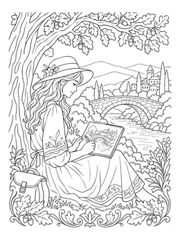 A young Regency lady sketching a river bridge in this jane austen coloring page.