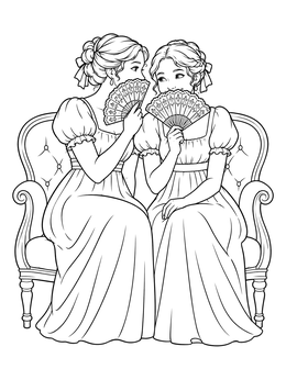 Free printable Regency Sisters Whispering Behind Fans coloring page