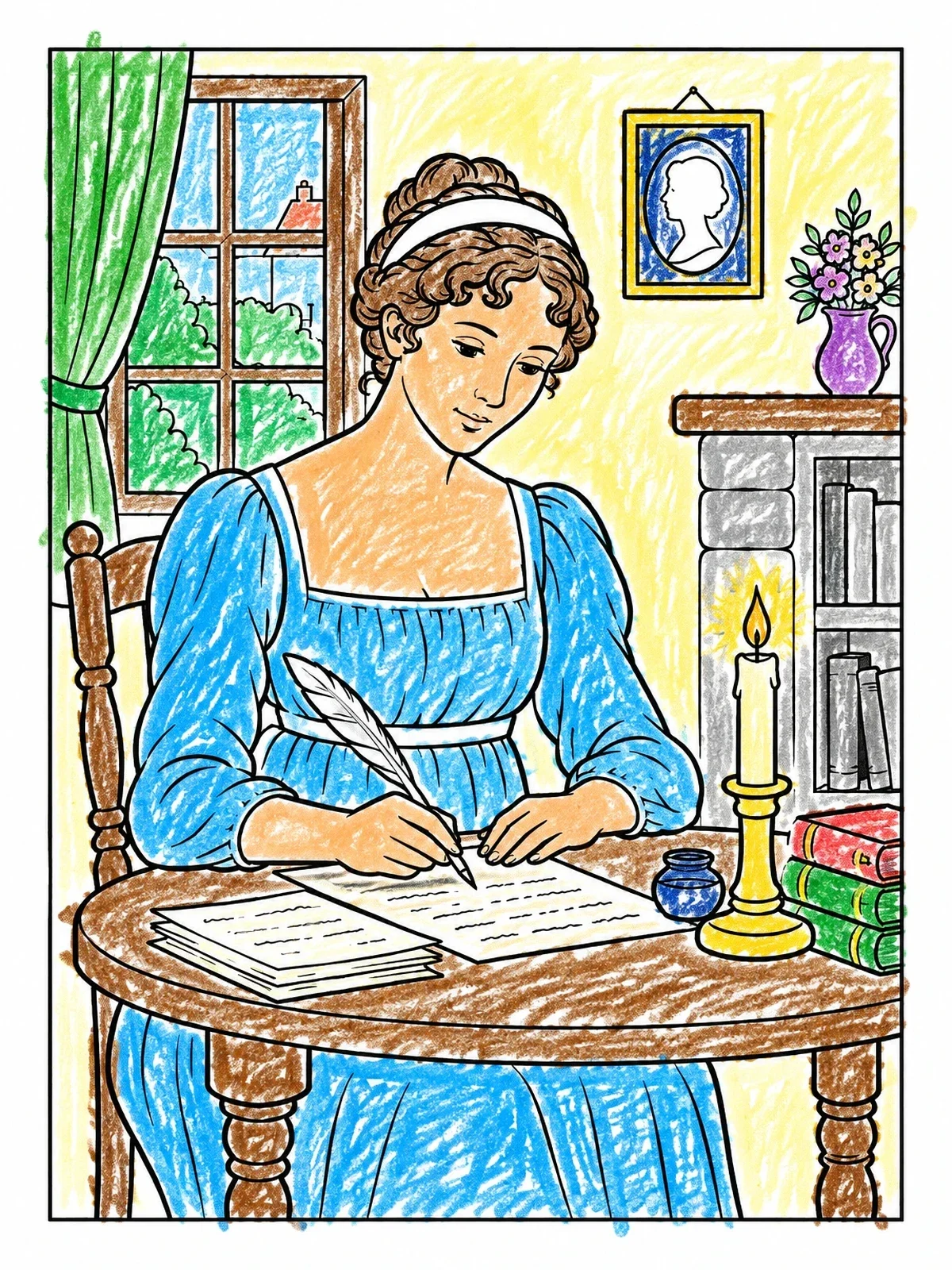 Colored example of the Jane Austen Writing By Candlelight coloring page