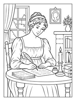 A cozy Jane Austen coloring page showing a Regency woman writing a letter at her desk.