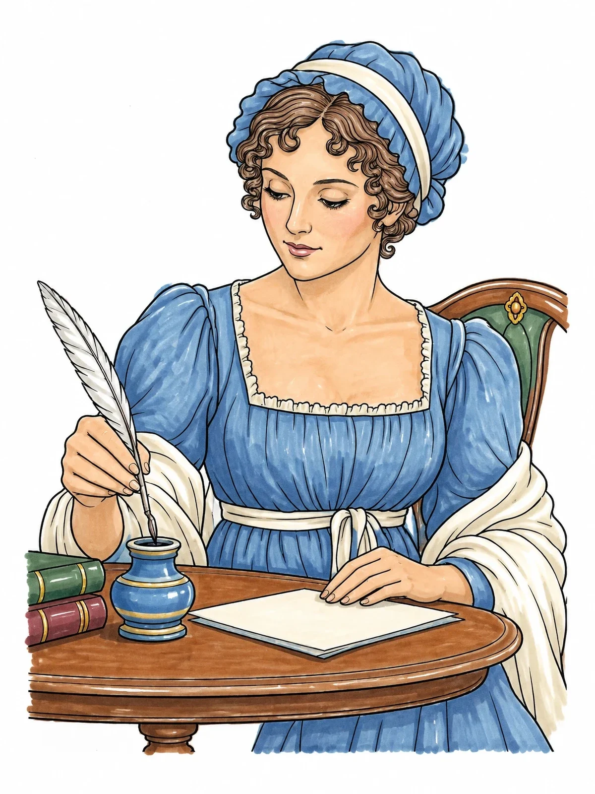 Colored example of the Jane Austen Writing With Feather Quill coloring page