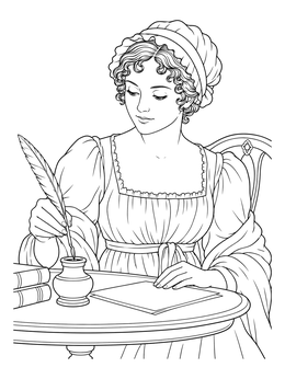 Regency author portrait on this detailed jane austen coloring page.