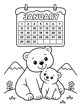 A mother bear and cub sit beneath a calendar grid in this january coloring page.