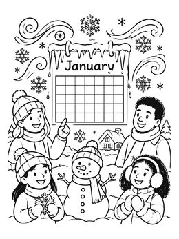 Happy children and a snowman around a calendar in this january coloring page.