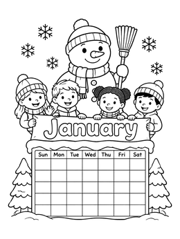 A cheerful snowman and kids holding a banner in this january coloring page.