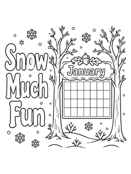 A blank calendar grid and snowflakes featured on a january coloring page.