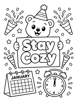 A party bear with confetti poppers, calendar, and clock on this january coloring page.