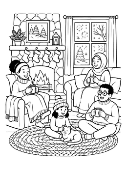 A family and their cat relax by a warm fireplace in this cozy january coloring page.