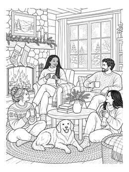 Friends and a dog relaxing together in a winter room on this january coloring page.