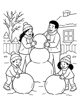 Free printable Family Building A Snowman Outdoors coloring page