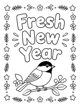 A cute chickadee perched on a berry branch in this January coloring page celebrating a Fresh New Year.
