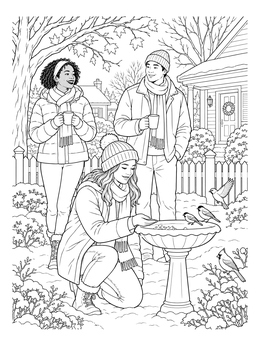 Friends gather outdoors in warm coats in this january coloring page featuring a birdbath and winter birds.