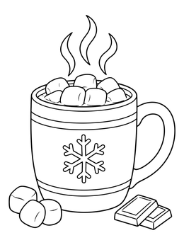 A steaming mug of hot chocolate with marshmallows in this january coloring page.
