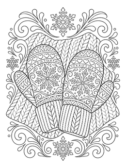 Detailed winter mittens on knitted fabric featured in a january coloring page.