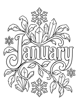A decorative january coloring page featuring ornate lettering surrounded by crystals and leaves.