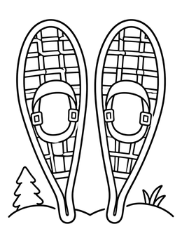 A pair of traditional snowshoes stands in snow in this january coloring page.