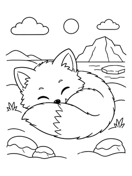 A cute curled-up arctic fox sleeps peacefully in this january coloring page.
