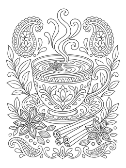 A steaming teacup with cinnamon and star anise rests on this ornate january coloring page.
