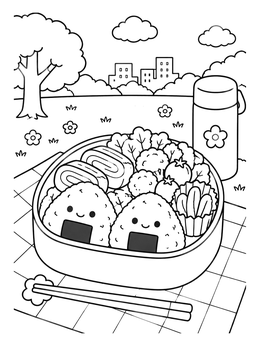 A cute bento box with smiling onigiri at a park picnic on this japan coloring page.