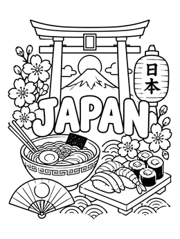 A fun Japan coloring page featuring Mount Fuji, a torii gate, ramen, and sushi.