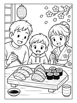 Free printable Family Enjoying A Sushi Dinner coloring page