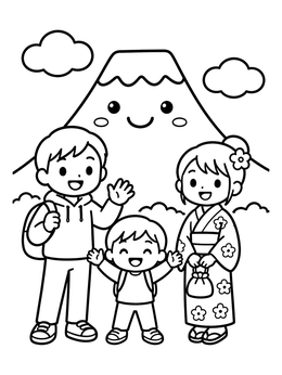 Free printable Family Visiting Smiling Mount Fuji coloring page