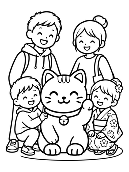 Free printable Family With Lucky Cat Statue coloring page