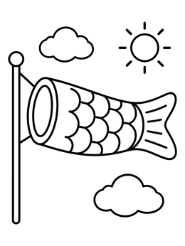 A flying carp windsock features in this japan coloring page with a smiling sun and clouds.