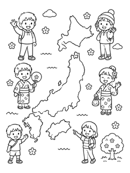 Free printable Cute Map Of Japan With Friendly Children coloring page