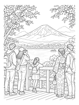People admiring Mount Fuji across the water on this detailed japan coloring page.